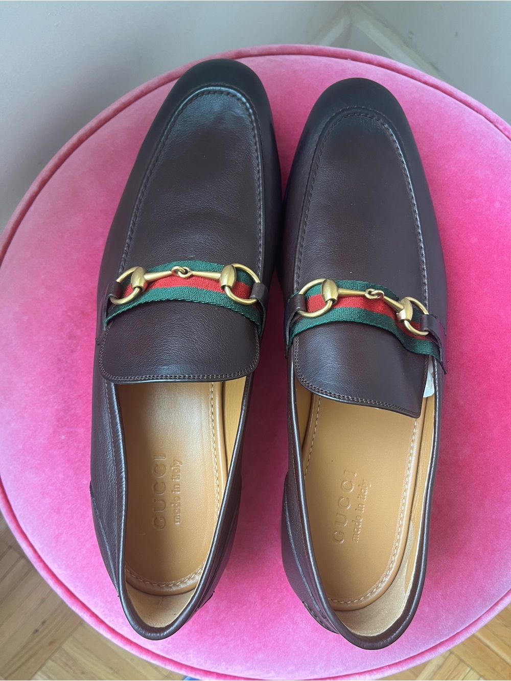 Gucci Brown Leather Horsebit Loafers with Green-Red Web